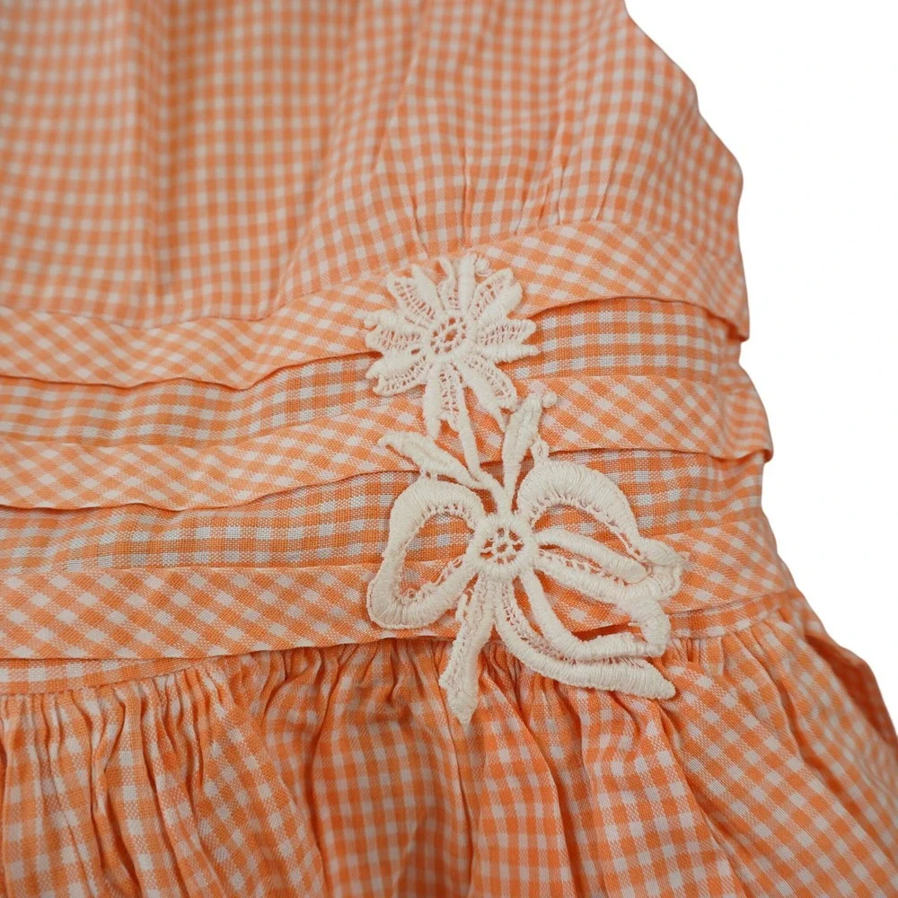 Vintage Cinderella Shirley Temple Gingham Dress Orange White Tiered Ric Rac USA